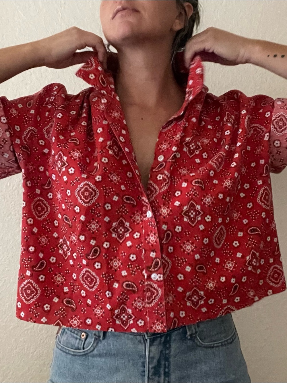 Red Paisley Button-Up Crop Top